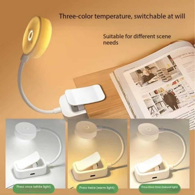 Folding Mini Clip Book Lamp Rechargeable LED Night Light 3 Modes Eye Protection Stepless Dimmable Flexible for Bedroom Reading