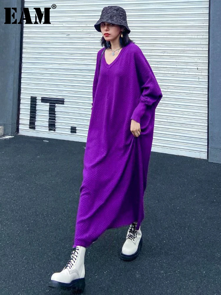 [EAM] Women Purple Knitting Big Size Casual Long Sweater Dress New V-Neck Long Sleeve Fashion Tide Spring Autumn 2024 1DH7780