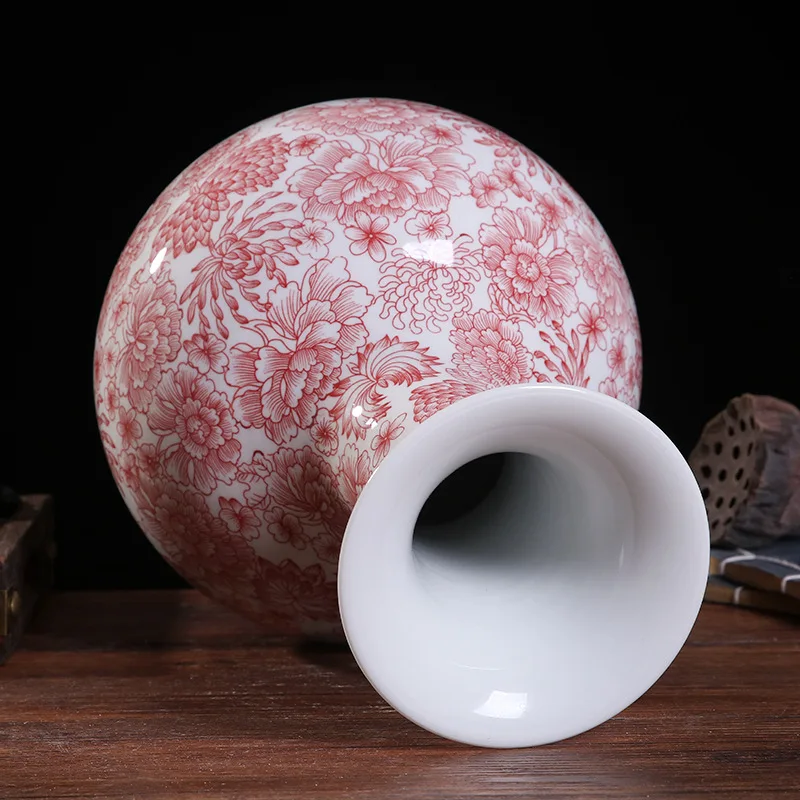 36cm Jingdezhen Half hand-painted Fenshui Glazed Red Ceramic Decorative Vase Home Furnishing Living Room Chinese Home Crafts Orn