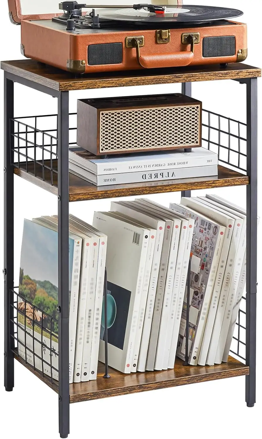 

3 Tier Record Player Stand, CD Storage Racks, Record Organizer Up to 100 Albums, Mid-Century Record Player Holder Display
