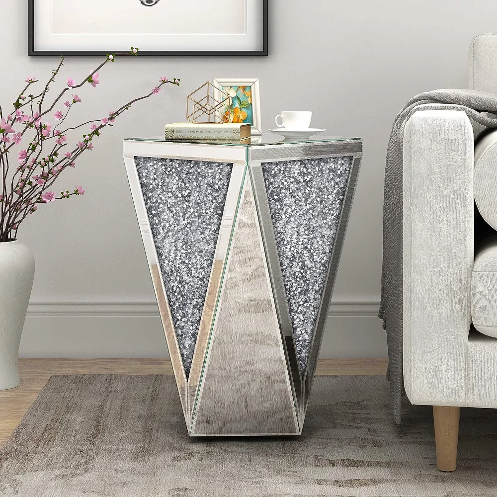 Mirrored End Table Diamond Setting Side Table Pedestal Stand for Hallway, Living Room