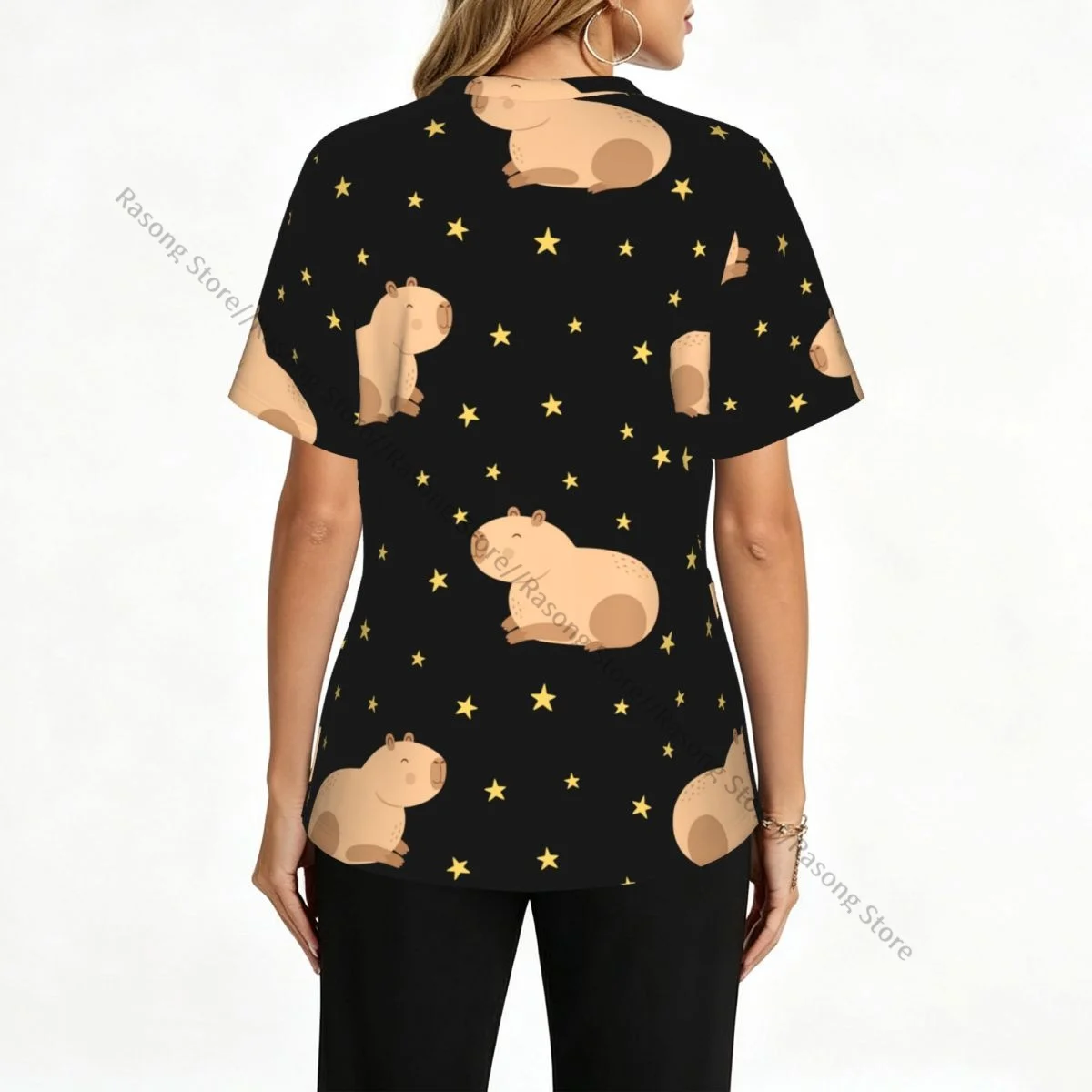 Women Scrubs Blouse Medical Nurse V-neck Clinical Scrubs Top Capybaras And Stars Operating Room Work T-shirt