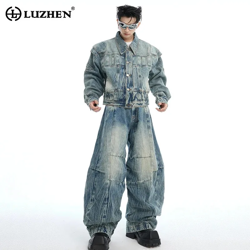 LUZHEN Origineel Niche-ontwerp Zakken Versieren Gewassen Denim Jas Herenmode High Street 2025, Nieuwe losse jeans met wijde pijpen LZ9410