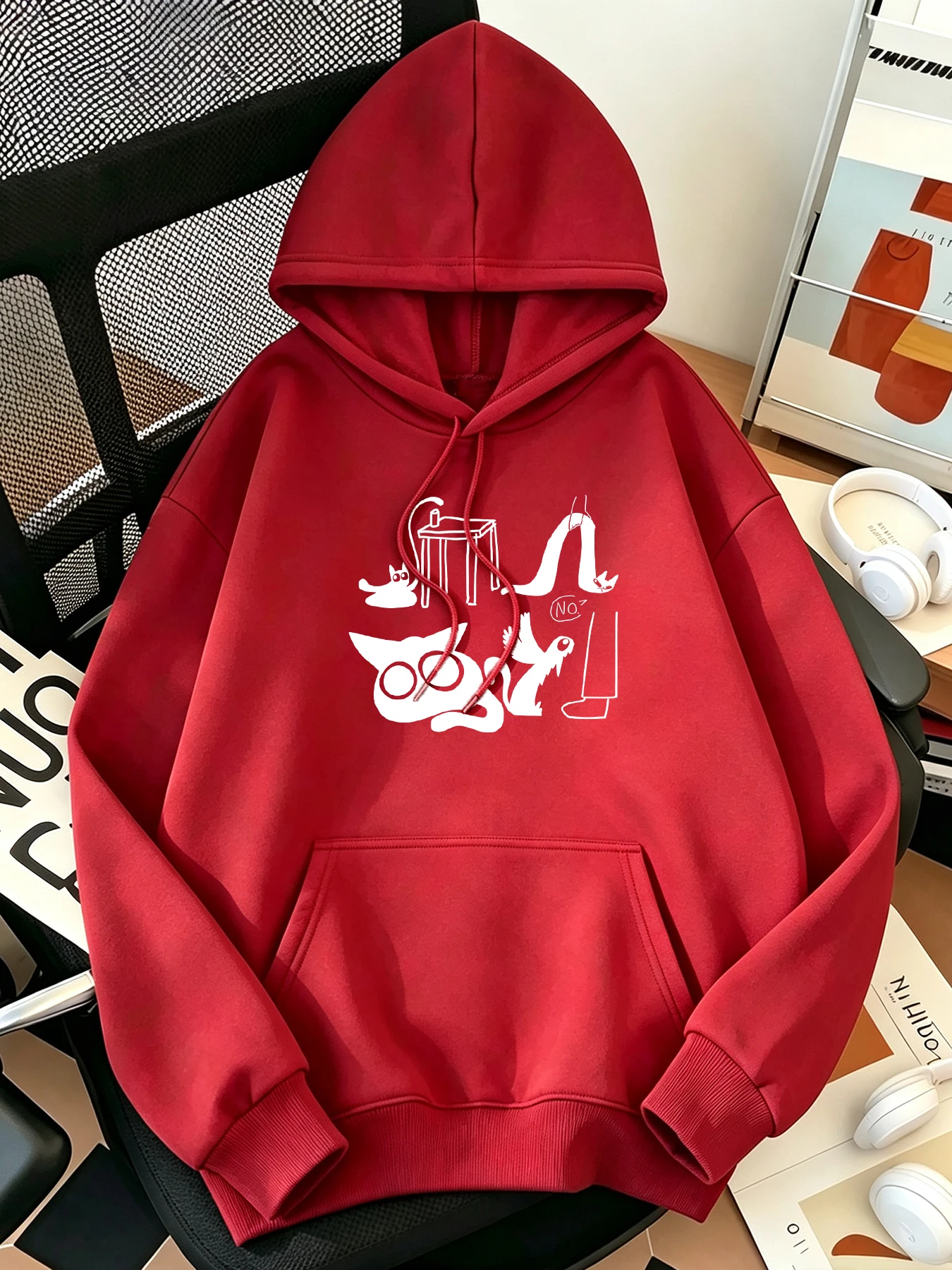 Cartoon Funny Cat Doodle Printing Woman All-Match Loose Hoodies Autumn Casual Hoody Soft Sport Clothing Simple Y2K Streetwear