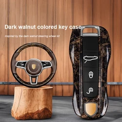For Porsche Panamera Cayenne Macan 718 Cayman Boxster 911 Taycan 10-25 Car Dark Walnut Wood Key Case Protective Shell Fob Cover