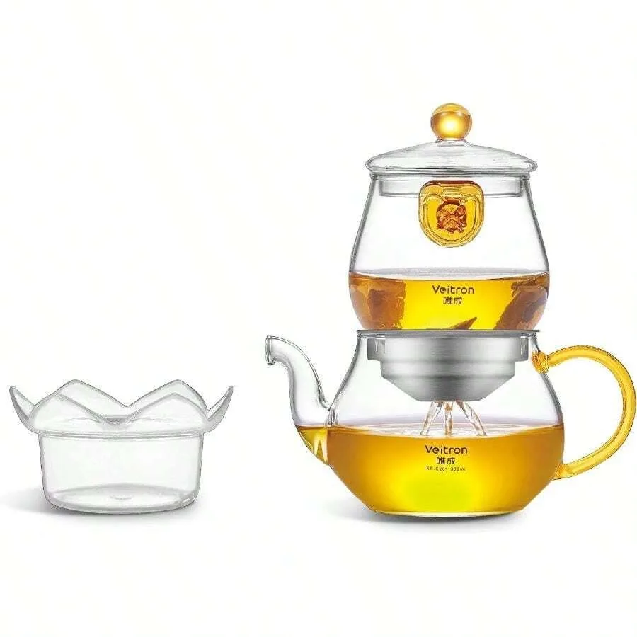 

560ml 18.94 Oz Borosilicate Glass Teapot Set, 2-In-1 Gongfu Tea Brewer With Upper Brewing Pot And Lower Serving Kettle, Teapot