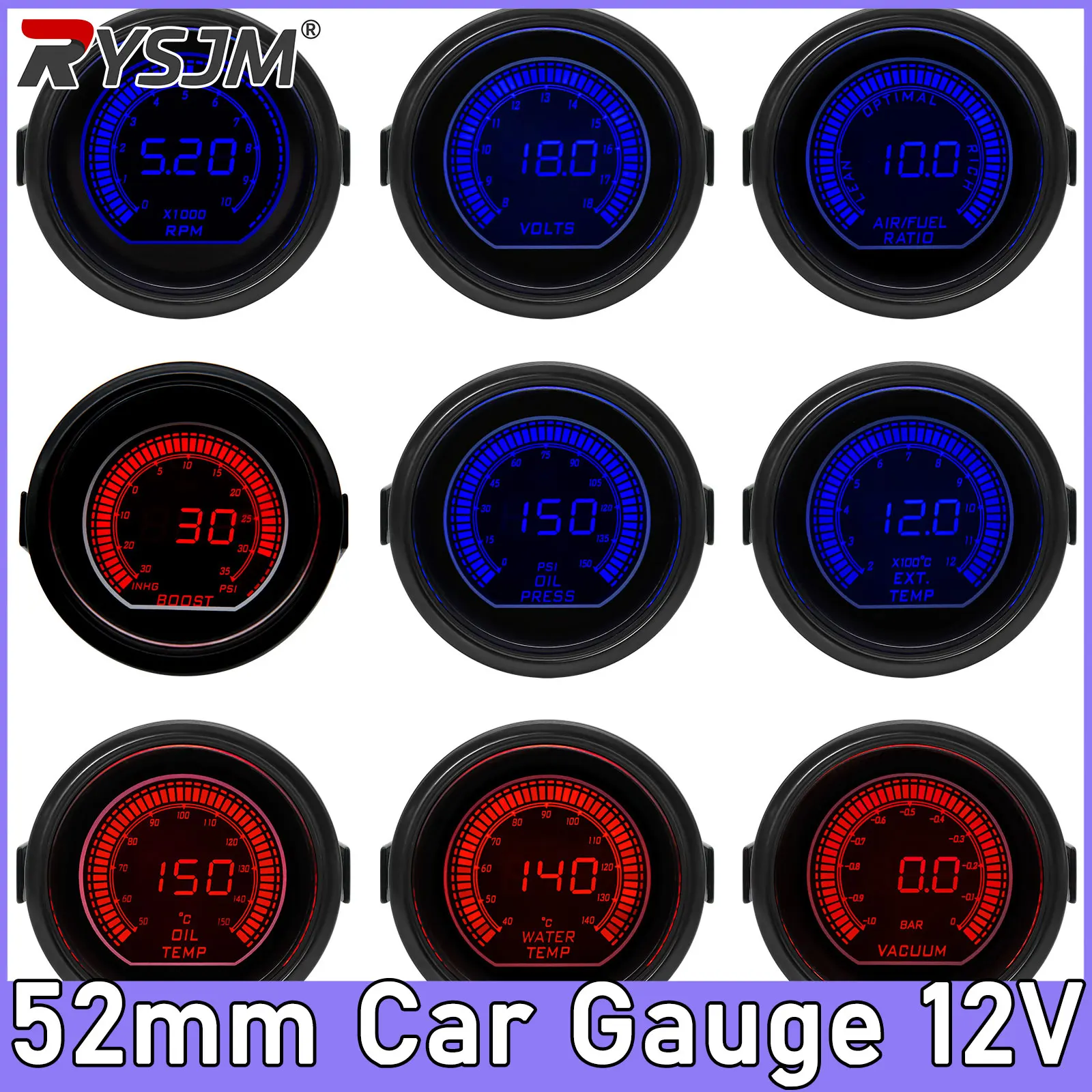 Medidor de Temperatura da Água 52mm, Manômetro de Pressão (Boost Gauge) em Bar e PSI, Medidor de Temperatura do Óleo, Medidor de Pressão do Óleo, Voltímetro, Tacômetro, Medidor de Vácuo, Suportes para Medidores com Luz de Fundo Vermelha e Azul