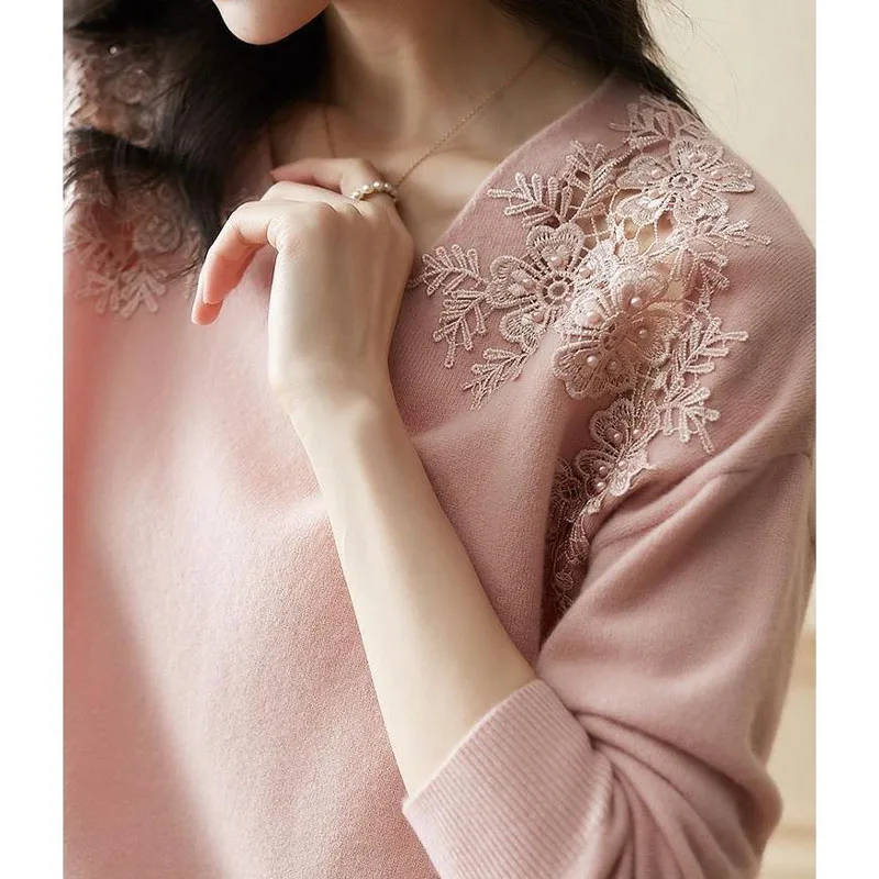 Korean Elegant Long Sleeve Lace Knitted Tops Autumn Winter Women\'s Clothing Fashion V-Neck Solid Sweaters T-shirt for Female