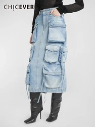 CHICEVER Split Denim Cargo Skirts For Women High Waist Patchwork Pickets Loose Folds Spliced Drawstring Midi Skirt Female 2024