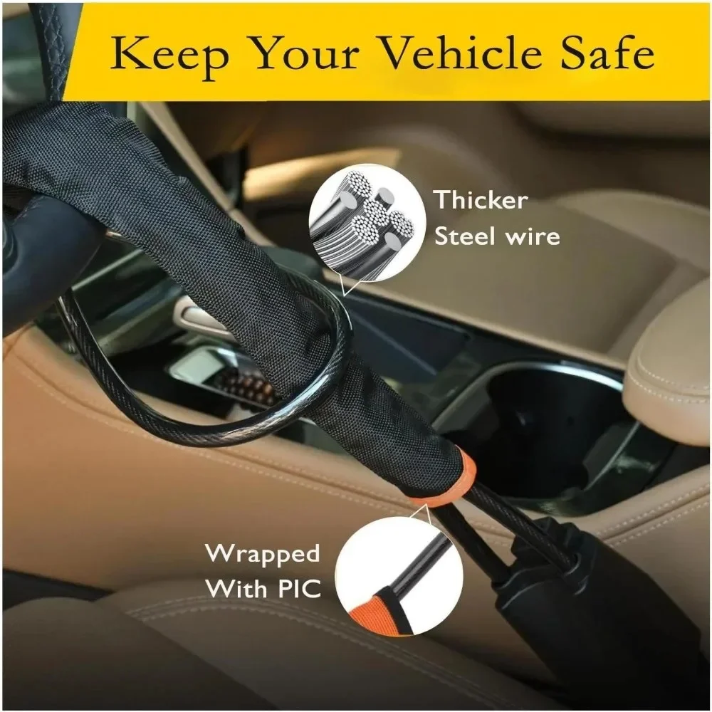 Car Steering Wheel Lock with Seatbelt Buckle Sturdy Braided Steel Rope Anti-Theft Safety Lock Set Suitable for Truck Suv Van Rv
