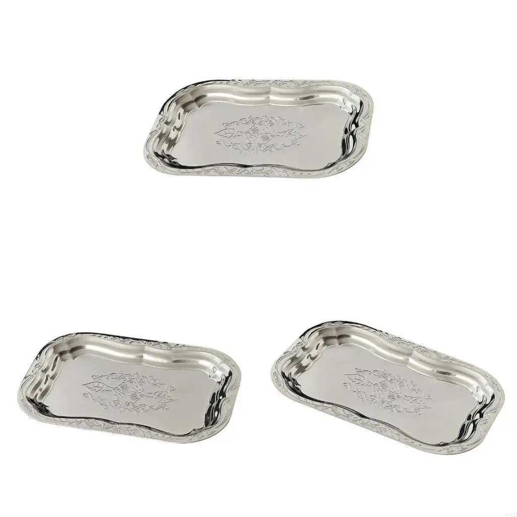 62KD Stainless Steel Snacks Tray With Floral Embossing Pattern Serving Platters For Table Setting Wedding Parties Decoration