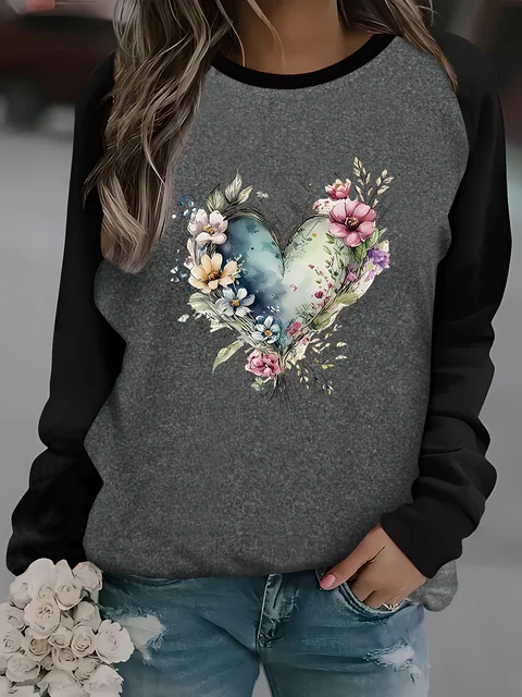 T-shirt z okrągłym dekoltem i nadrukiem motyla Casualowy top damski z długim rękawem na jesień i zimę, luźny i wygodny, czarno-biały