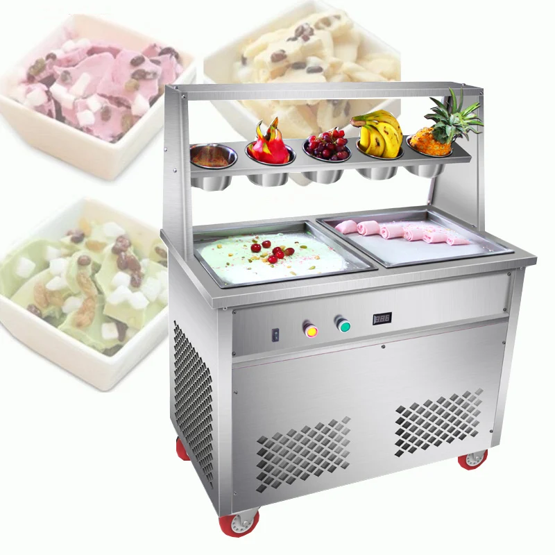 Thai Fried Ice Cream Trolley 2 Pan Frying Ice Cream Rolls Machine Stir-fried Yogurt Maker With Mixed Fruit Nuts