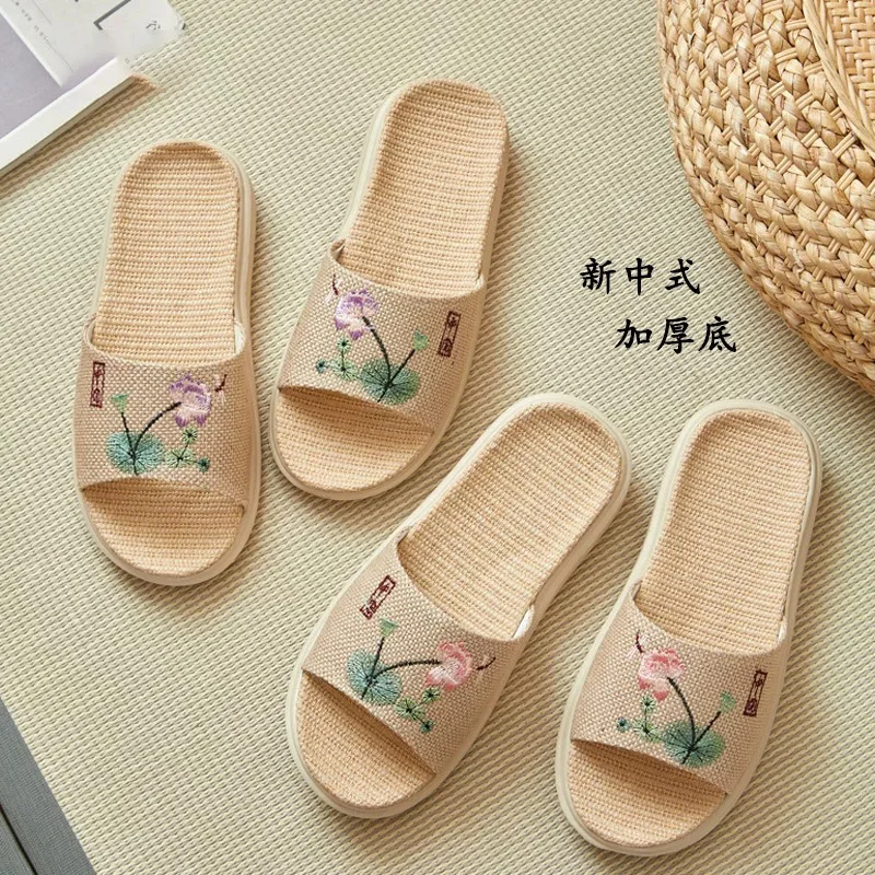 Flax Slippers Women's Open Cotton and Linen Thick-Soled Embroidery Comfortable Deodorant Feet Couple Floor Home Slippers image 2