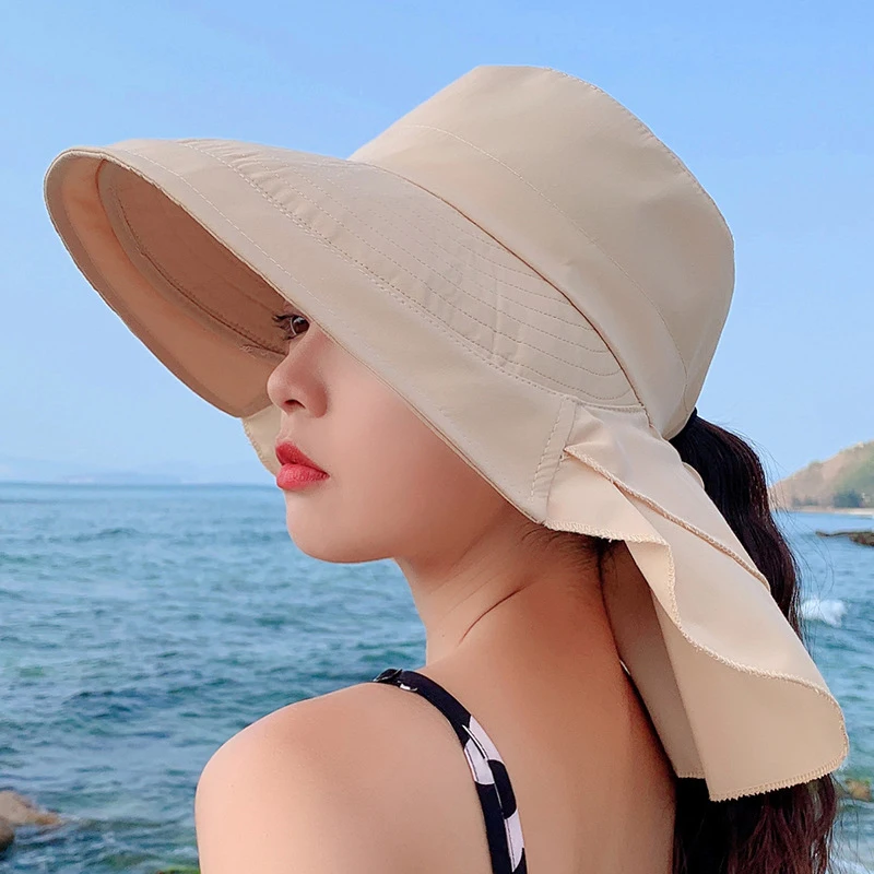 

Summer Sunscreen Sun Hat Shawl Women Wide Brim UV Neck Protection Travel Beach Cap Female Ponytail Adjustable Panama Bucket Hats