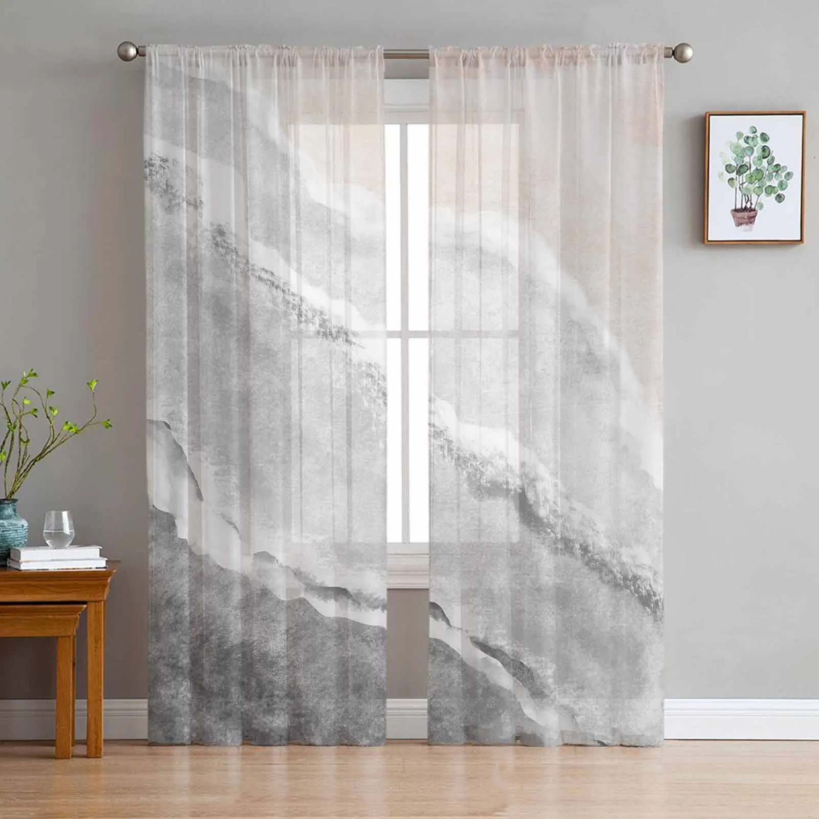 

Ocean Waves And Beach Gray Gradient Sheer Curtains for Kids Bedroom Living Room Voile Window Curtains Tulle Drapes