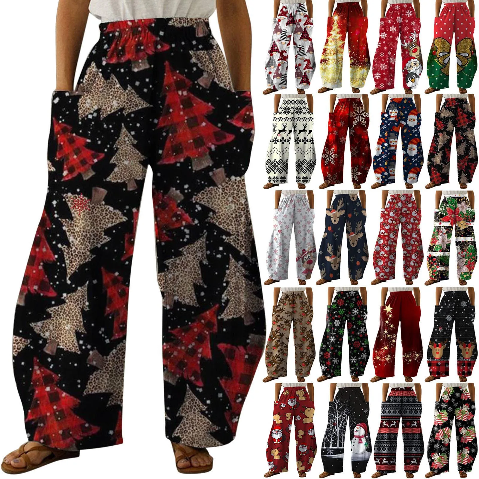 Christmas Print Sweatpants Women Xmas Bottoms Trousers Wide Leg Straight Reindeer Print Pants Female Elk New Year Pantalones