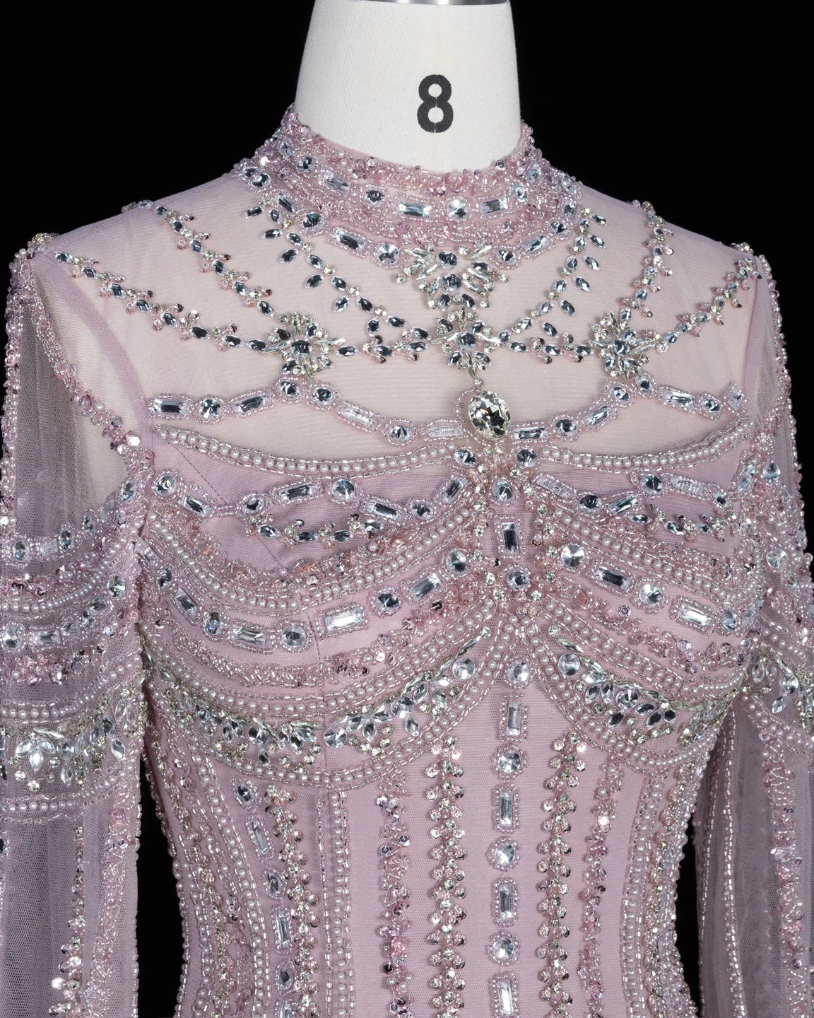 Sharon Said Abendkleid Elegantes Meerjungfrauenkleid mit hohem Halsausschnitt, Tüll, langen Ärmeln, Kristallen, Dubai, formelle Party, Hochzeitskleider SS195, maßgeschneidert – Detail 13