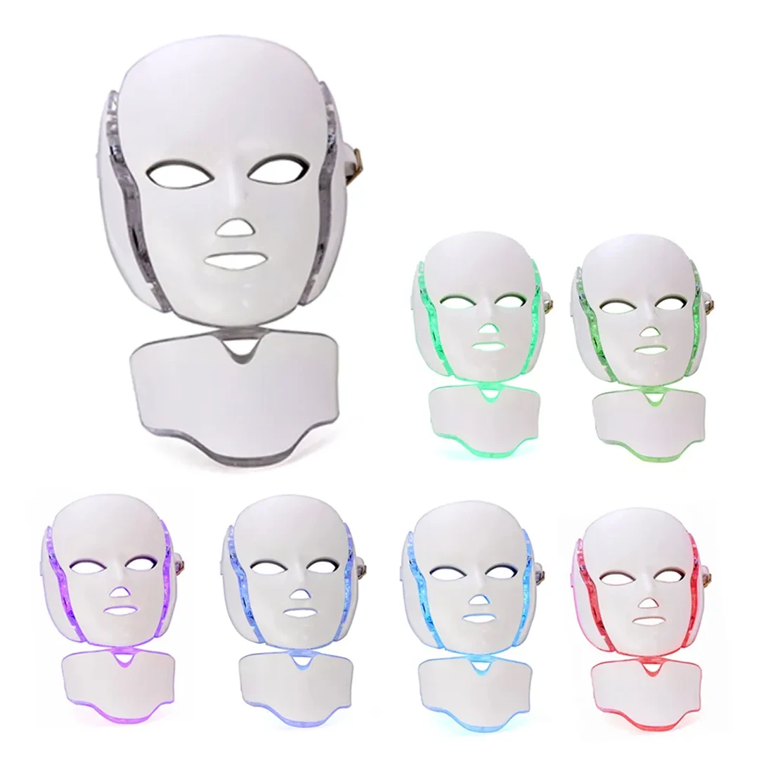 7 cores led face lifting firme massageador máscara facial com pescoço led terapia de luz máscara rejuvenescimento da pele anti acne dispositivo beleza