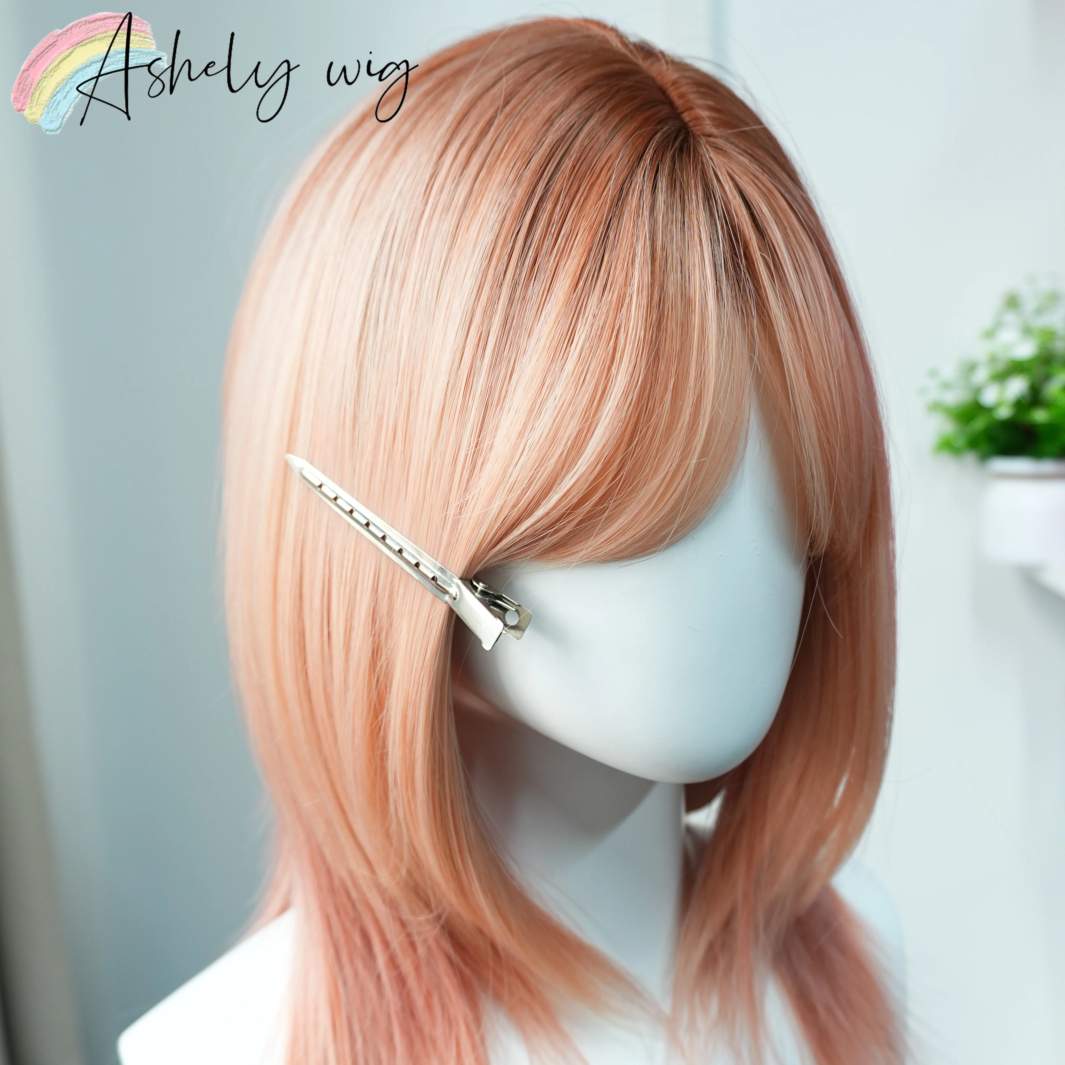 Soft Peach Pink Wigs Medium Length Wig with Bangs French Airy Fringe Layered Wolf Cut Shag Synthetic Cosplay Wig Real Scalp - view 4