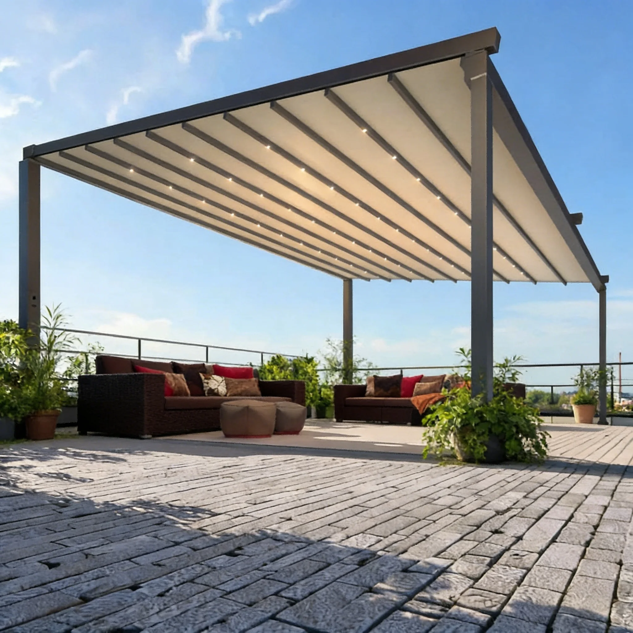 Heavy Duty Motorized Pergola PVC Retractable Canopy Electric Foldable Awning Roof Waterproof Sunshade Commercial Outdoor Tent