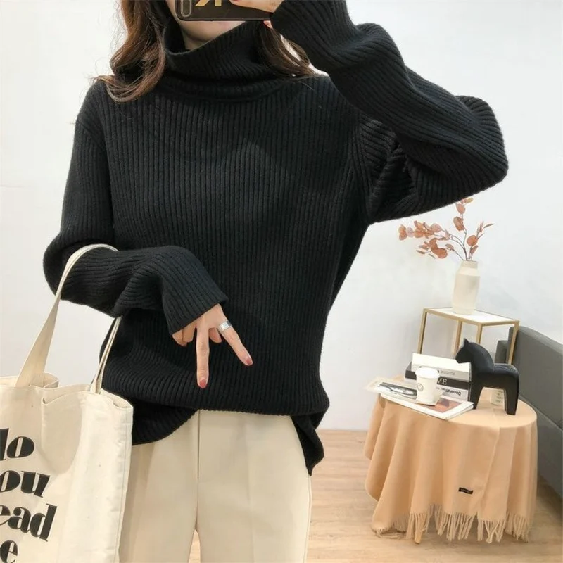 Herbst Winter Koreanische Einfache Rollkragen Alle Spiel Rippe Stricken Pullover Frauen Beiläufige Feste Lose Lange Hülse Grundlegende Weibliche Top
