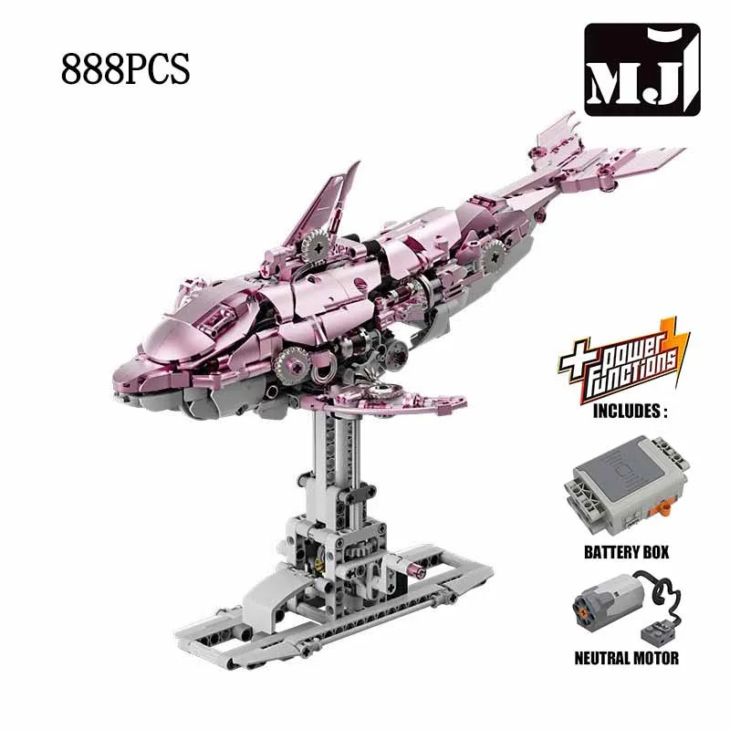 MJ BLOCK Rosa Delphin Bauklötze Mechanisches Modell Lehrreiches DIY Schreibtisch-Dekorationsspielzeug Urlaubsgeschenk für Erwachsene, 888 Teile