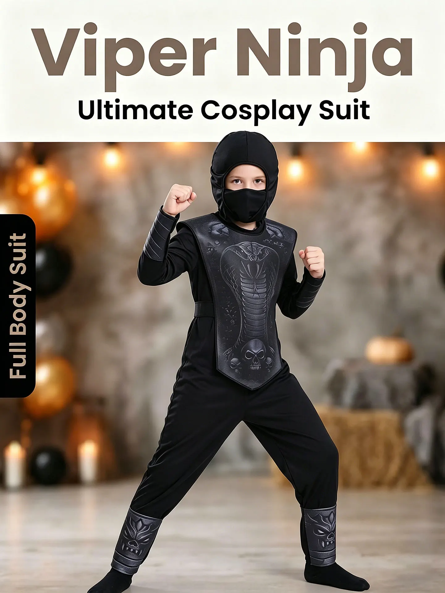 Kids Viper Ninja Cosplay Outfit, Polyester Jumpsuit with Mask Chest‑Armor for Boys Halloween Theme Party