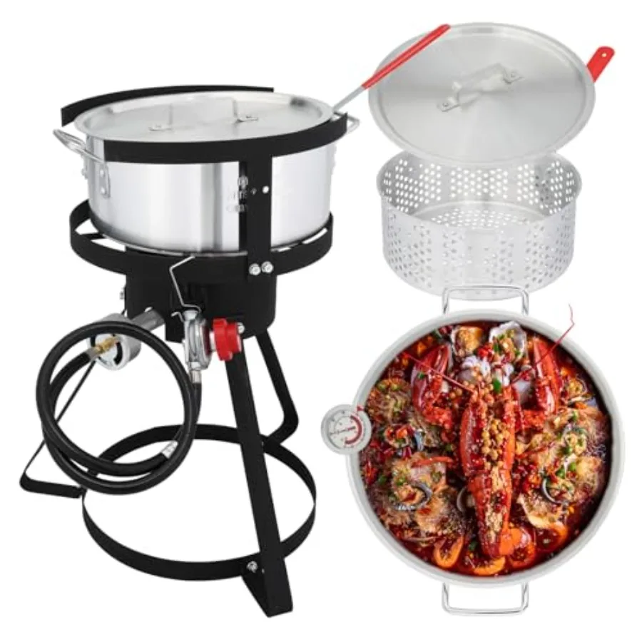 

10Qt Aluminum Deep Fryer Pot with 55 000 BTU Propane Burner for Outdoor Fish Seafood Cooking Includes Thermometer Hose and Stan