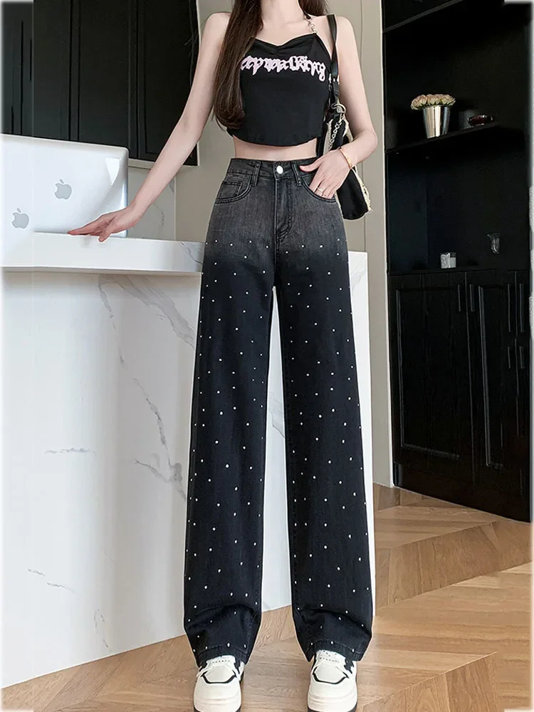 Trendy Fashion Women\'s Diamonds Gradient Straight Jeans 2024 Summer New Items High Waist Pockets Denim Pants Female