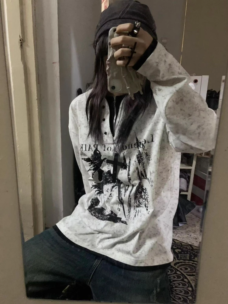 

Deeptown Y2k White Gothic Graphic Women Fake Two Piece Sweatshirts Grunge Harajuku V Neck American Vintage Pullovers Streetwear