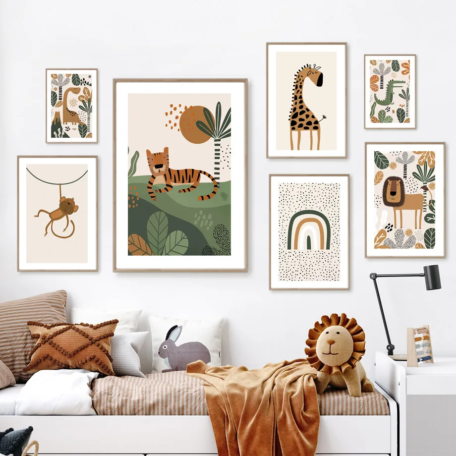 Cartoon Wild Jungle Animals Wall Art Lion Giraffe Monkey Crocodile Canvas Painting Posters Prints Pictures Baby Kids Room Decor