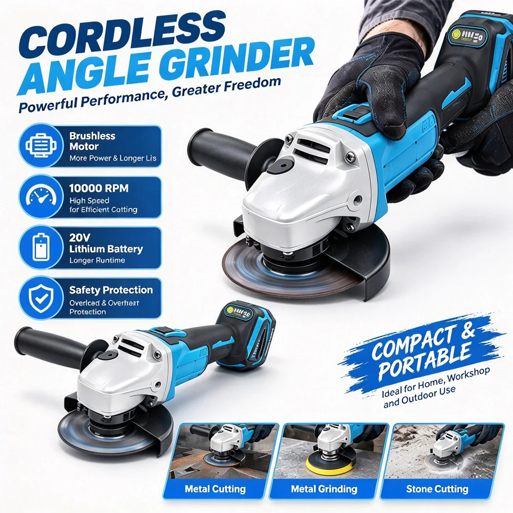 Electric Brushless Angle Grinder Wireless Polishing Power Tool, Suitable for Cutting and Polishing Metals, Stones and Woods