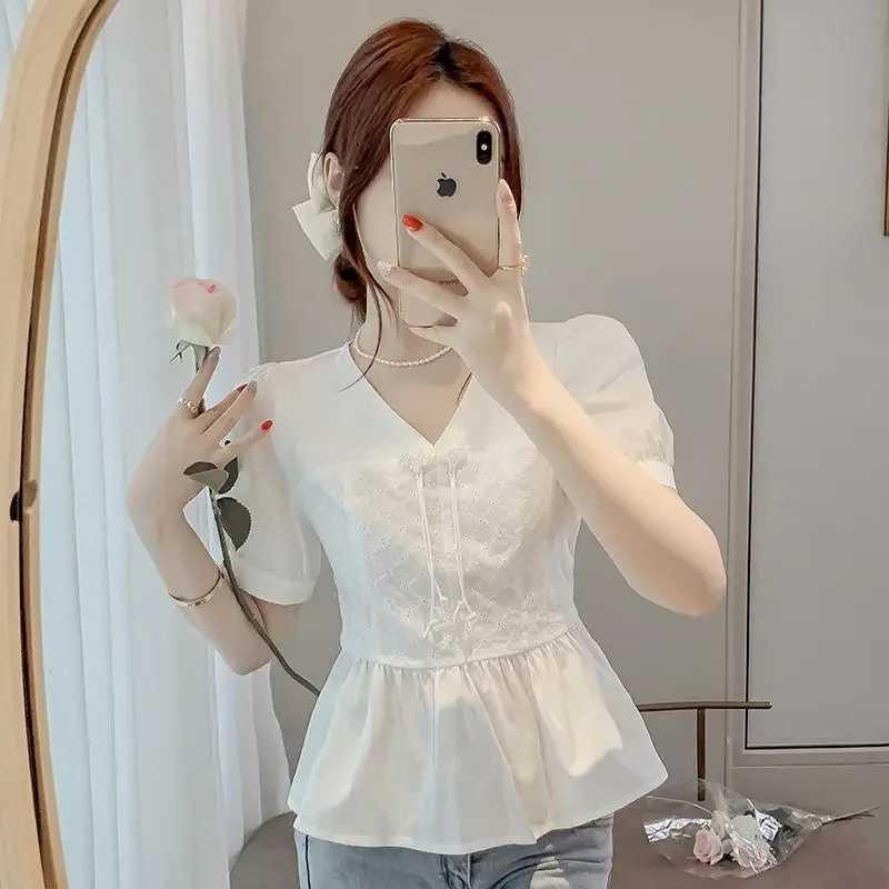 

Рубашка с короткими рукавами, модный шикарный топ с красивой талией во французском стиле XQ399