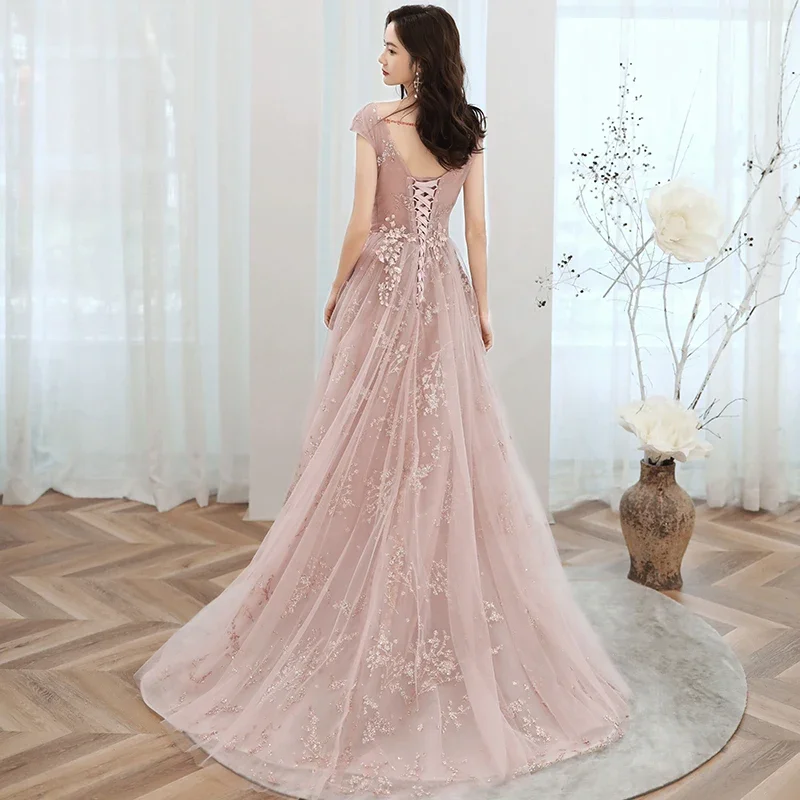 Evening Dresses Pink Golden Glitters Illusion Pleat O-neck Short Sleeves A-line Floor-length Plus size Women Party Formal Gowns