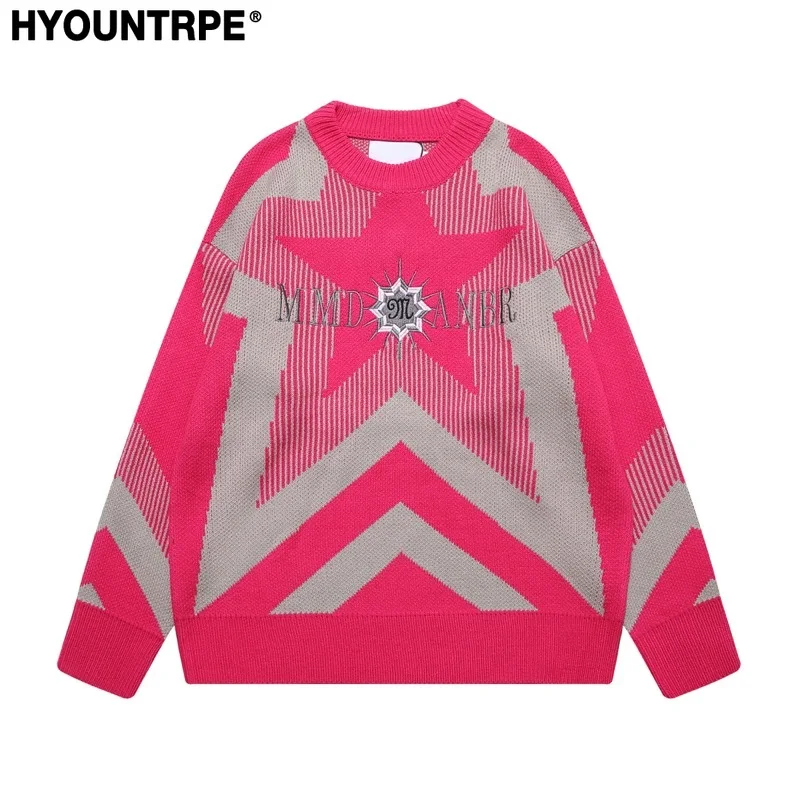 

Stars Knitted Sweater Unisex Harajuku Letter Embroidery Sweater Casual Pink Color Pullover Streetwear Sweaters Jumpers Knitwear