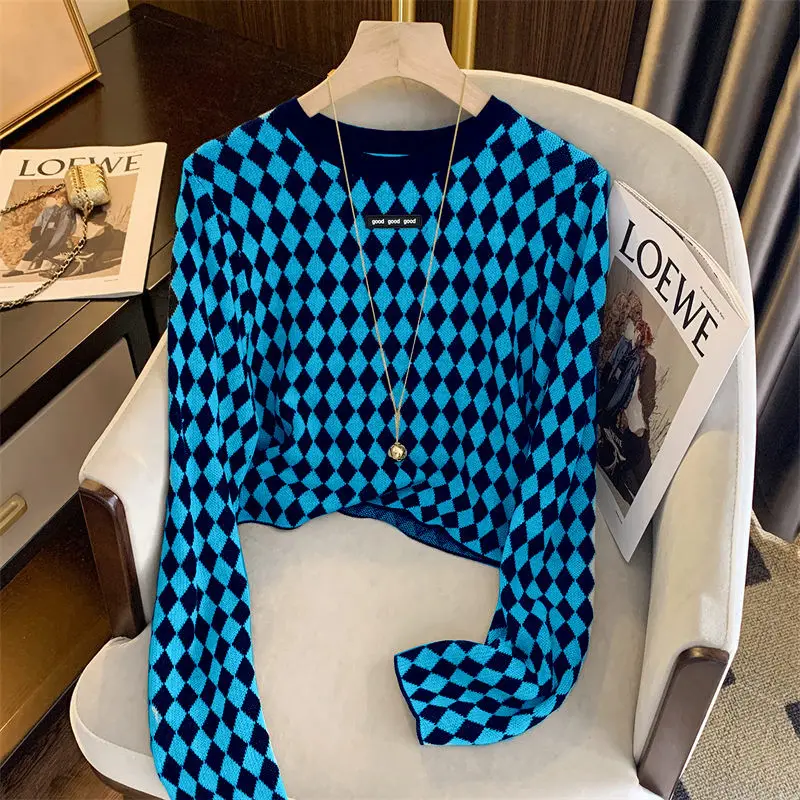 

Fashionable Plaid Long Sleeve Knitting Pullovers Female 2024 Spring Autumn New Fashion Trend O-neck T-Shirts Women's Top Tee