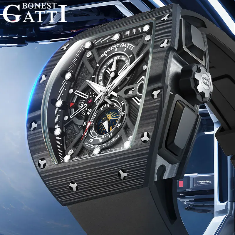 BONEST GATTI BG9007 Men Automatic Watch Tonneau Mechanical Wristwatch Sapphire Luminous Carbon Fiber Month Week Date 24 Hours