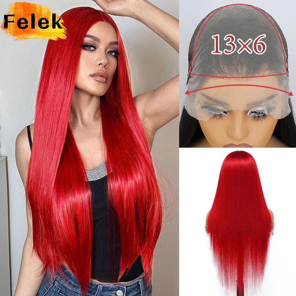 

Red Black 13x6 Synthetic Lace Frontal Wigs For Women 30 Inch Long Silky Straight Lace Front Wig High Quality American Afro Wigs
