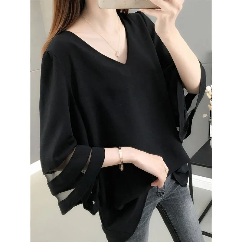 Women Summer New Style Korean Fashion Simplicity Solid Color V-neck Women Clothes Casual All-match Temperament Loose Top Tee