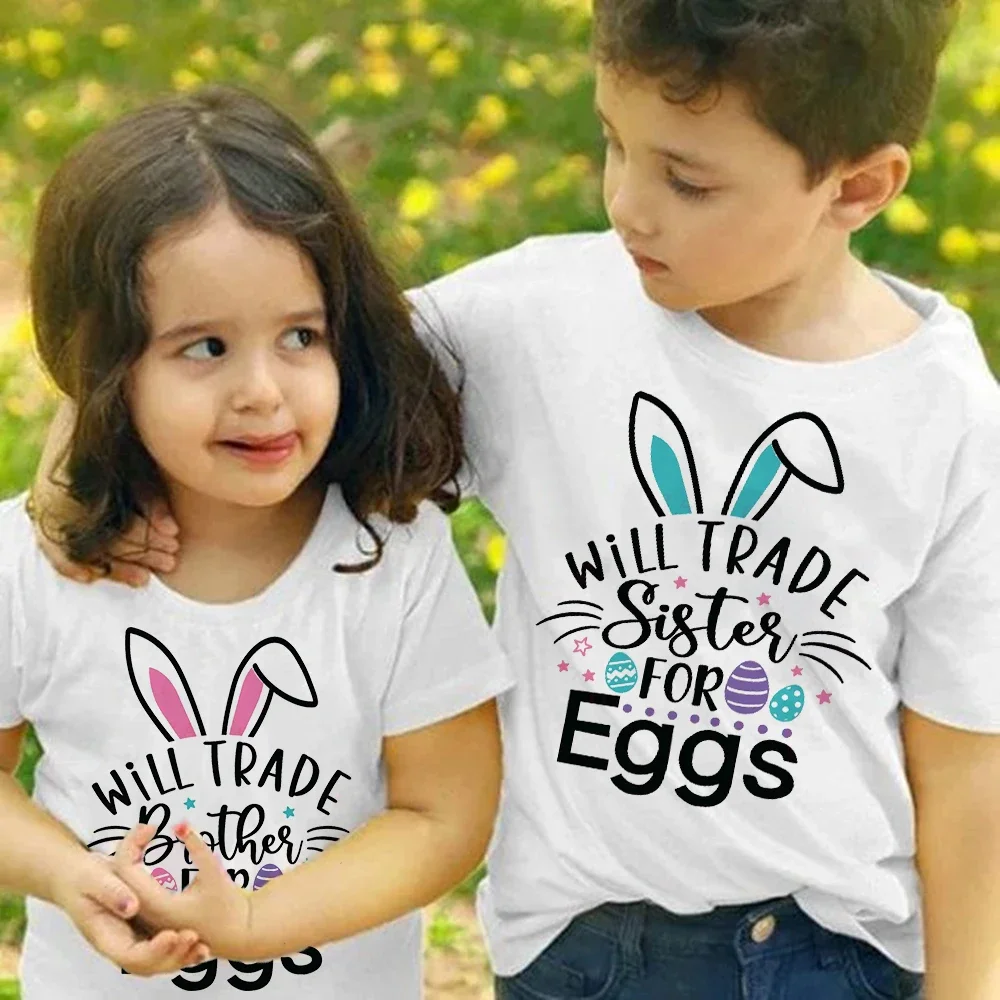 Easter Kid T-Shirt 'Will Trade Sister/Brother for Egg' Design Bunny Print Sibling Matching Top Unisex Child Easter Apparel