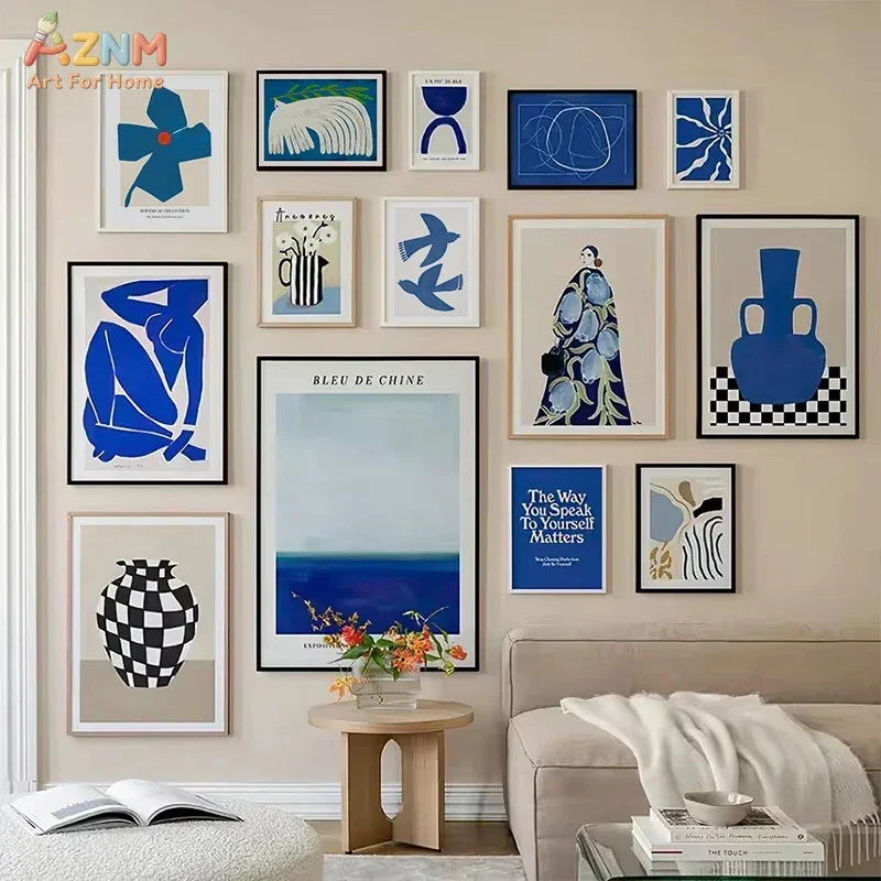 AZNM Blue Abstract Canvas Wall Art Matisse Cutout Figure Vase Checkerboard Minimalist Modern Gallery Aesthetic Poster Unframed P