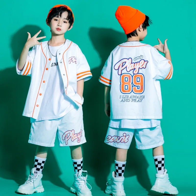 Kid Kpop Hip Hop Clothing Baseball Cardigan Shirt Top White Streetwear Cargo Jogger Pants Shorts for Girl Boy Jazz Dance Costume