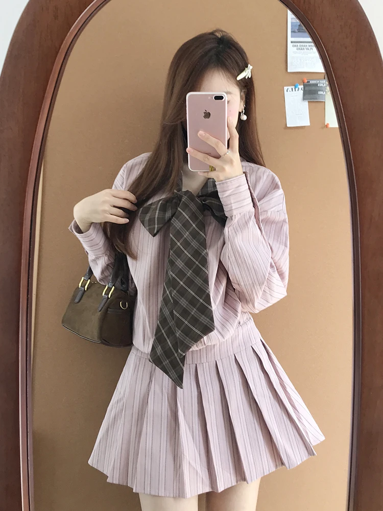 Koreaanse College Sle Roze Gestreepte irt Dr Dames Herfst Nieuw Design Sensation Knoop Geplooide ort Rok