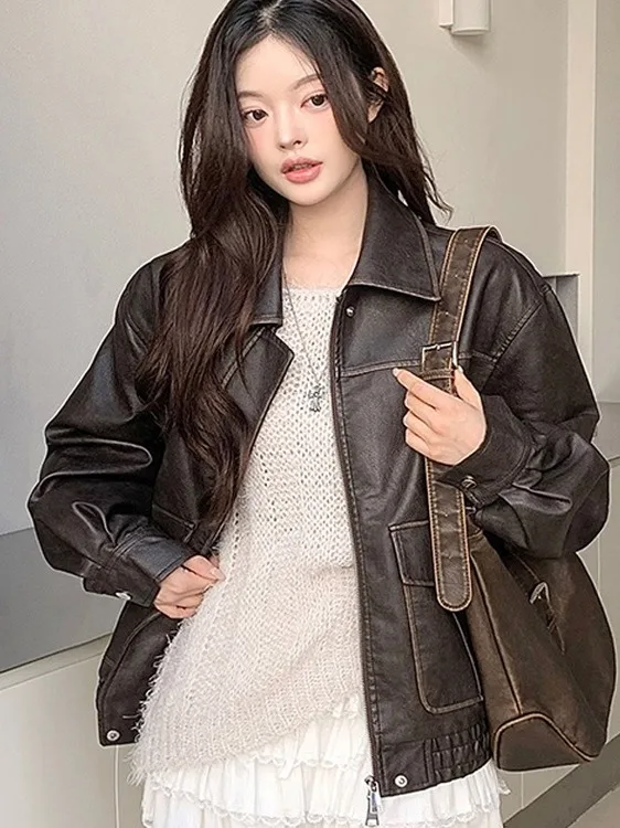 Jaqueta de Couro Marrom Retro Americana para Mulheres, Estilo Chic de Outono/Inverno, Nova Moda de Hong Kong, Jaqueta de Cour...