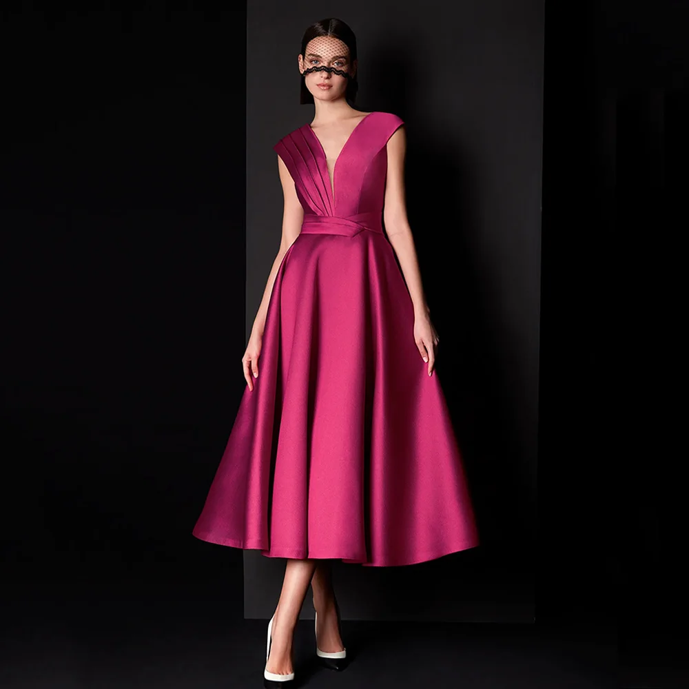 فستان قصير لأم العروس مخصص بأكمام قصيرة ورقبة على شكل V وطيات بطول الشاي على شكل حرف A من الساتان لحفلات الزفاف #4