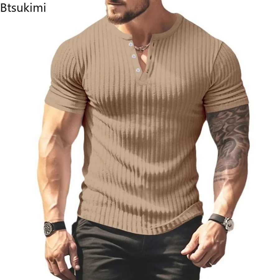 Summer New Casual Henry Shirts Men's Solid Striped Short-sleeved T-shirts Fashion Slim Daily Leisure Pullover Men Versatile Tees
