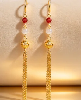 Light luxury 24K real gold hydrangea two-color pearl ear buckle female fashion hollow-out tassel earrings to his girl