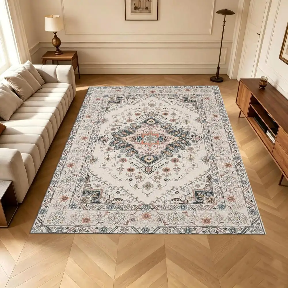 Cream-Colored Vintage Oriental Medal Pattern Carpet, Non-Slip and Washable Bohemian Traditional Rug, Suitable for Living Room, Bedroom, and Home Decor