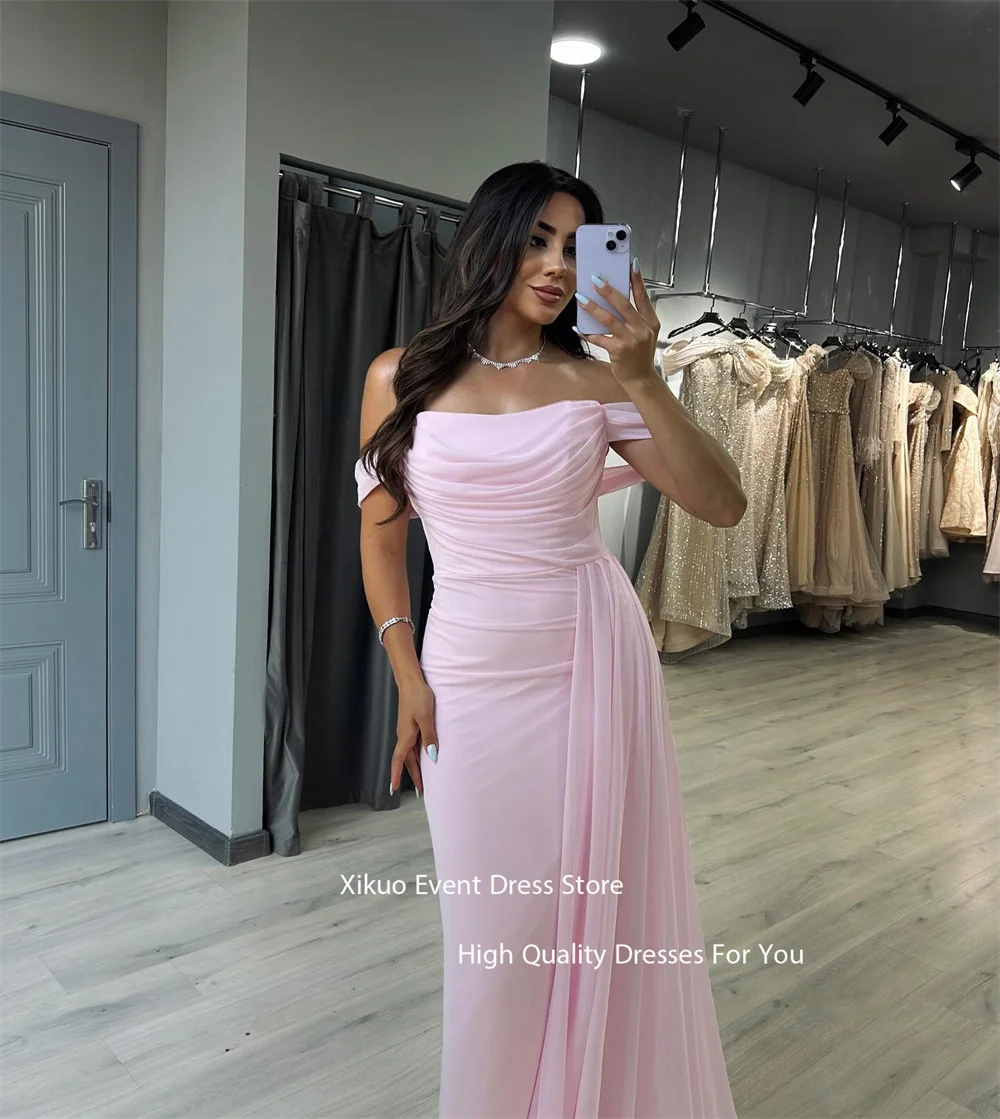 Xikuo Rosa Gerafftes Abendkleid Asymmetrische Chiffon-Partykleider Schulterfrei Stilvolles bodenlanges Vestidos De Fiesta Maßgeschneidert